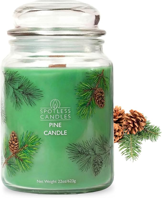 Pine Candle 22oz: 130 Hours Burn Time Hybrid Soy Candles Crackling Wooden Wick, in a Luxury Gift Box in a Protective Shipper by Spotless Candles