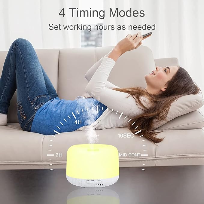 Aromatherapy Diffuser for Essential Oil, 300ml Cool Mist Humidifier with Remote Control, Aroma Diffusers for Home with Waterless Safety Switch & 14 LED Colors White Wood Base