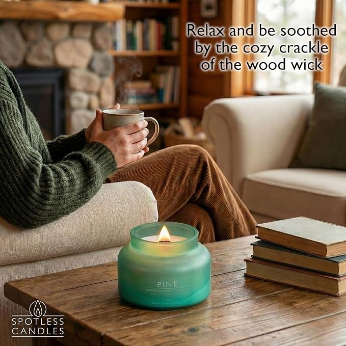 Pine Volcano Candle 19oz: 80-Hour Burn, Natural Refreshing Pine Scent, Hybrid Soy Wax, Crackling Wood Wick, Teal Matte Glass Jar, Gold Foil Gift Box by Spotless Candles