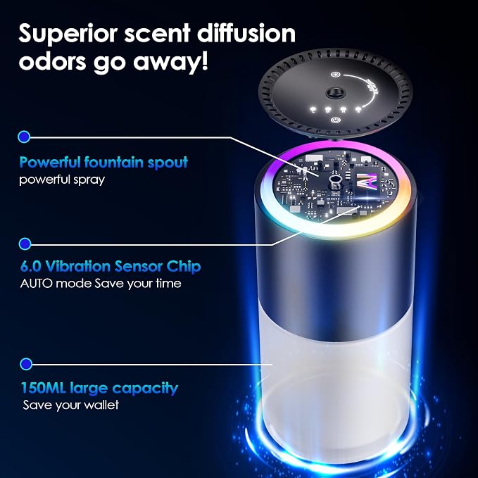 Klomsuw Car Air Freshener,Smart Car Air Freshener, car Diffuser with 150 ML (5oz) Capacity Multi-fragrance, RGB Music Syncing Light, Auto On/Off (Oceans)