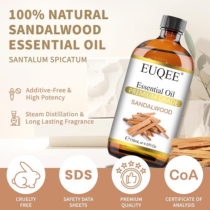 EUQEE Sandalwood Essential Oil(4 oz/118 ml) Sandalwood Oil Oil with Glass Dropper, Great for Diffusers, Soap & Candle Making