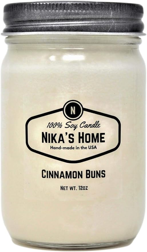 Nika's Home Cinnamon Buns Soy Candle - 12oz Mason Jar - Non-Toxic - Hand Poured in The USA, Long Burning 50-60 Hours Highly Scented All Natural, Clean Burning