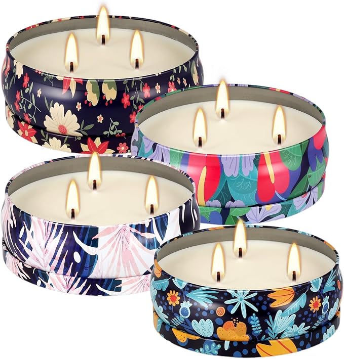 Tropical Printed Citronella Candles, Set of 4 x 13.5 oz Large Scented Candles with Natural Cotton Wicks - Made with Natural Soy Wax, for Home, Patio, Garden, Camping or as a Summer Housewarming Gift