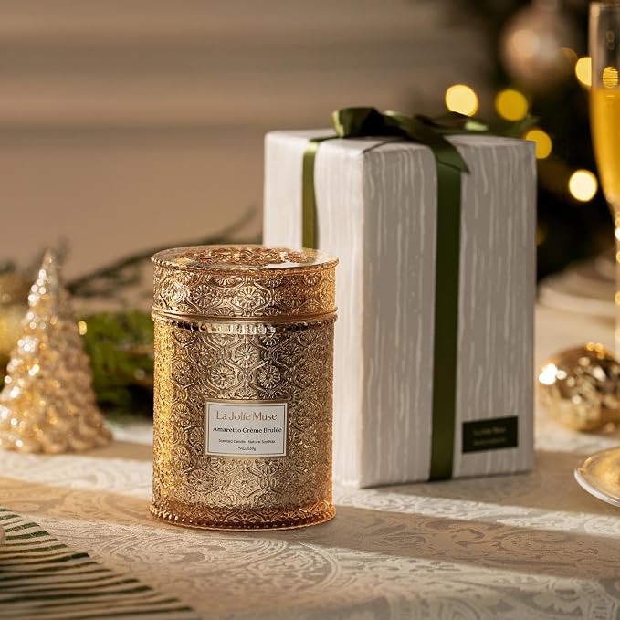 LA JOLIE MUSE Amaretto Crème Brûlée Scented Candle | Almond Liqueur, Dried Fruit & Caramel | 19 oz Wooden Wick | 90 Hours Clean Burn | Candle Gift for Hosts | Elegant Home Decor