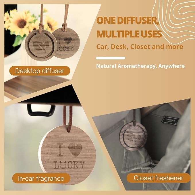 Lavender & Peppermint Essential Oils with Wood Car Freshener Diffuser | 100% Pure & Natural Aromatherapy Set for Calm & Clarity | Hanging Design for Car, Closet, Office & More