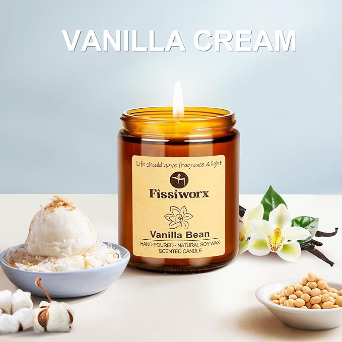 Fissiworx Vanilla Scented Candle Set 2 Pack, Candle for Home Scented, Odor Eliminating, Stress Relief, 15oz, 110 Hours Long Lasting Candles, Soy Candle Gift Set for Women