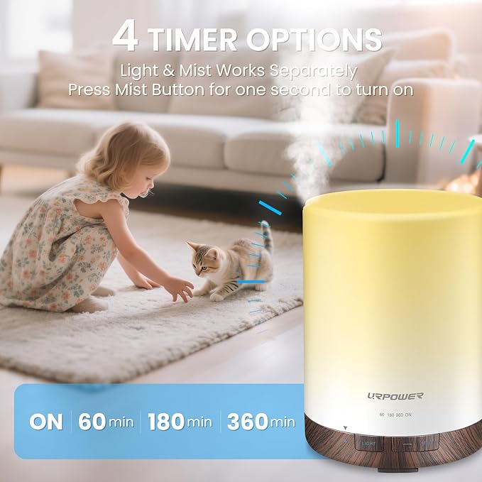 URPOWER 300ml Essential Oil Diffuser Ultrasonic Air Humidifier AUTO Shut Off Aromatherapy Scent Diffuser Night Light 7 Color Changing LED Lights and 4 Timer Settings for Home Office Yoga