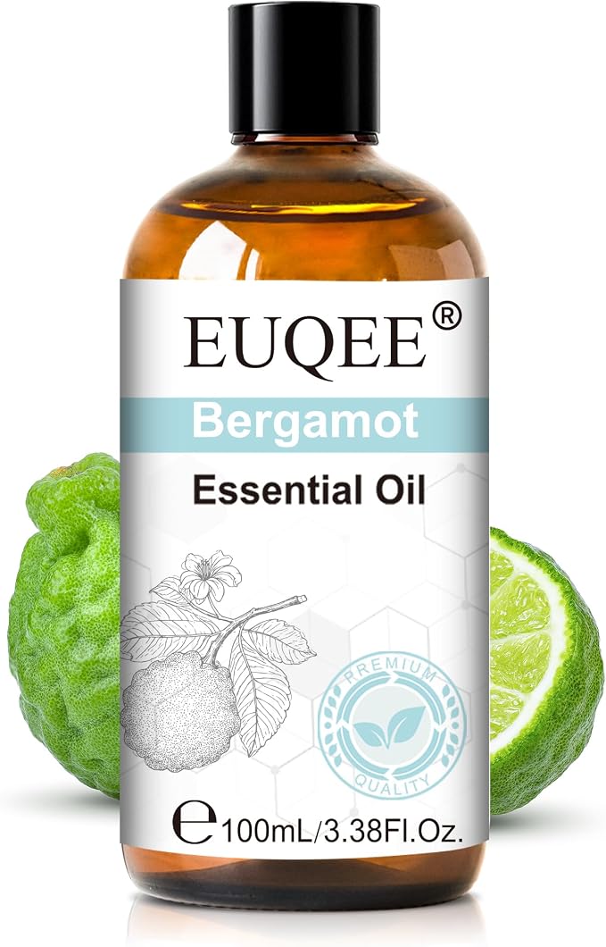 EUQEE 100ml Bergamot Essential Oil, Pure Bergamot Essential Oil for Diffuser, Massage, DIY Soap,Candle Making, Skin & Hair Care - 3.38 Fl Oz