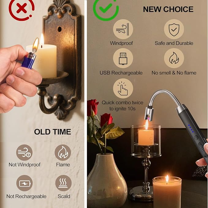 Candle Lighter, Windproof Flameless Electric lighters, Long Lighter with 360° Neck & Safety Switch, USB-C Rechageable Arc Lighters for BBQ & Candle (Black)