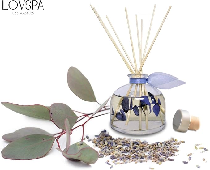 Reed Diffuser Set, DE-Stress Lavender Eucalyptus Scented Oil Diffuser with Sticks, Home Fragrance Accessories for Bathroom Shelf Decor, Aroma Diffusers for Home or Office Desk, USA Made