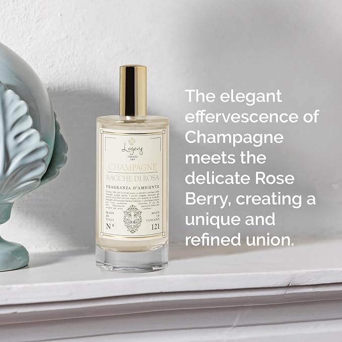 Logevy Firenze 1965 Champagne e Bacche di Rosa – Champagne and Rose Berries Luxury Home Fragrance Spray from Master Perfumer with Floral & Fruity to Captivate the Senses & Enliven Any Room – 100ml