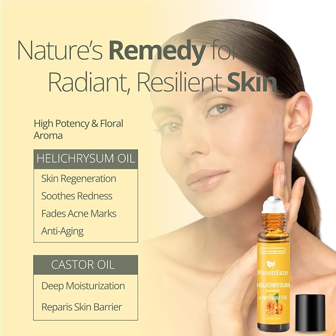 Helichrysum Oil & Castor Oil Roll On, High Potency Formula, 100% Pure and Natural, Acne Soothing, Skin Vitality & Anti-Aging, Aches Relief, Beauty Rollerball, 10ml