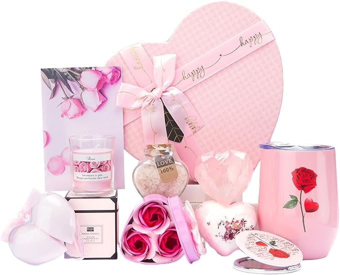 Mothers Day Gifts Box, Pink Rose SPA Gift Basket for Women, Mom Birthday Gifts, Heart-Shaped Relaxing Bath Set with Tumbler, Best Gift for Mom, Wife, Love You Anniversary Present
