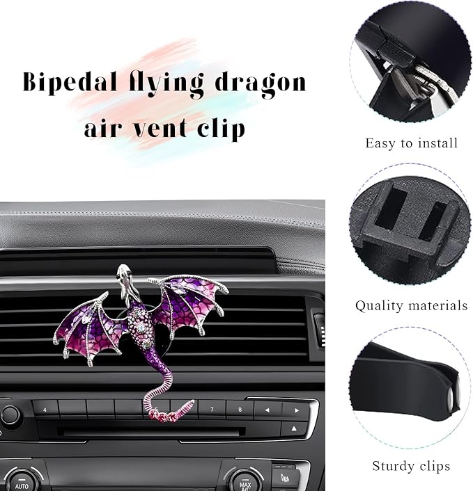 2PCS Bling Wyvern Car Air Freshener Vent Clips, Alloy Enamel Dragon Auto Outlet Clips with Fragrance Tablets, Refillable Cute Flying Dragon Crystal Vent Clip Aroma Diffuser (Purple)