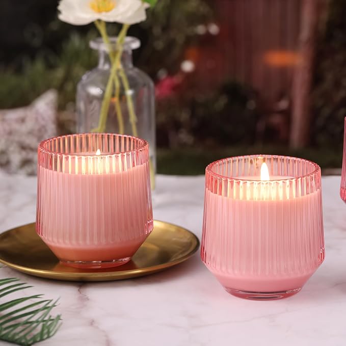 simeitol 13 OZ Pink Large Candle Jars for Making Candles - 6 Pack Glass Candle Jars Bulk with Vertical Striped, Candle Vessels with Bamboo Lids and Candle Wick Kit, for DIY, Home & Mother's Day