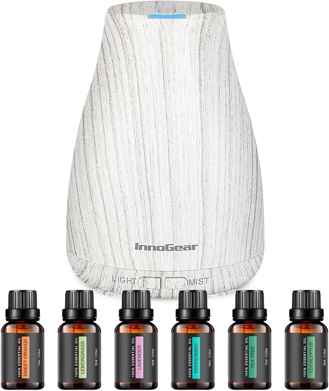 InnoGear Essential Oil Diffuser with Oils, 100ml Aromatherapy Diffuser with 6 Essential Oils Set, Aroma Cool Mist Humidifier Gift Set, Grey Wood Grain