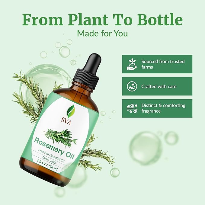 SVA Rosemary Essential Oil – 4 Fl Oz - for Diffuser, Skin & Hair Care – Ideal for Aroma, Massage & DIY Blends– with Dropper