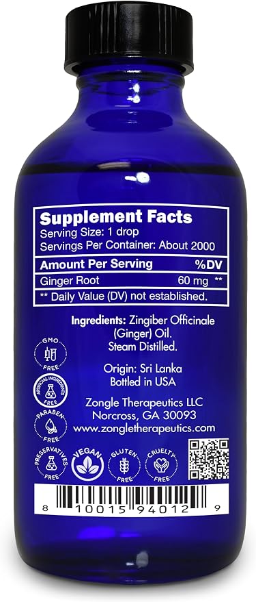Ginger Oil, Edible, Food Grade – 100% Pure, Ginger, Essential, Oil, for Massage, by Zongle Therapeutics, 4 OZ