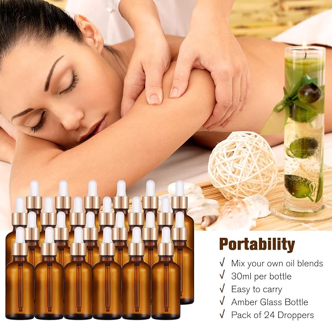 PrettyCare 1oz Glass Dropper Bottle Set of 24, Thick Amber Empty Bottles with Leakproof Golden Caps, Labels, Funnels - 30ml Eye Dropper Bottles for Storage, Essential Oils, Tincture
