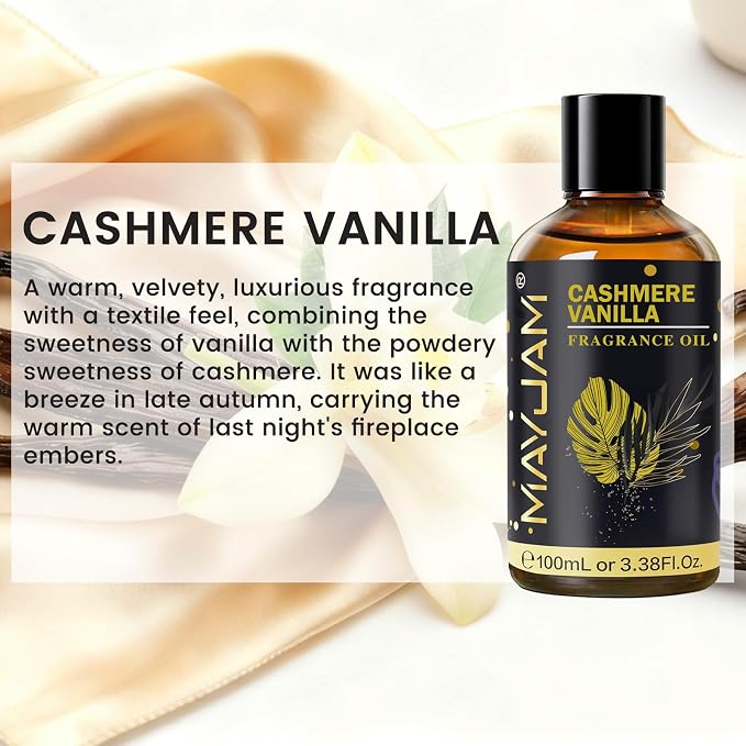 Cashmere Vanilla Fragrance Oil Essential Oil, MAYJAM 3.38FL.OZ Cashmere Vanilla Oil for Diffusers for Home, Long Lasting Scented Oils for Soap Candle Making - 100ML