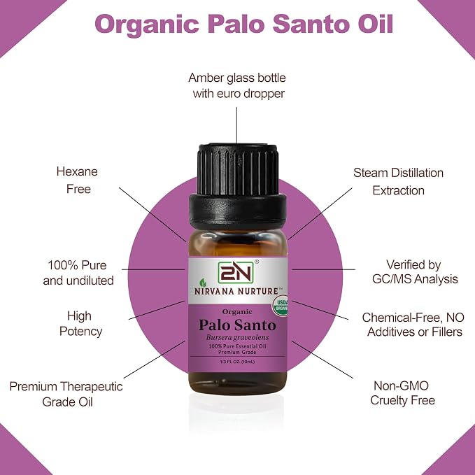 Palo Santo Essential Oil, USDA Certified Organic, 100% Pure Undiluted, Aromatherapy Oil for Diffuser, Hair & Skin Care