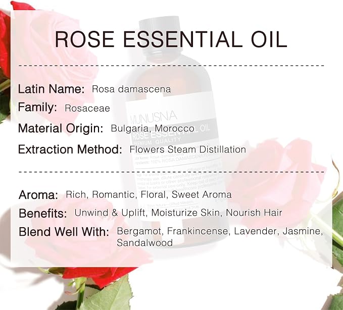 Rose Essential Oil 100ML, 100% Pure Natural Rose Oil for Hair Face Skin Care, Premium Grade Essential Oils for Diffuser, Skin, Care Massage, Yoga, Bath, Soap and Candle Making