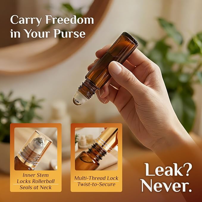 PrettyCare 12 Pack, 10 ml Essential Oil Roller Bottles with Stainless Steel Roller Ball - Refillable Leak-proof Empty Thick Amber Glass Roll on Bottles with Metal Caps for Travel, Perfume