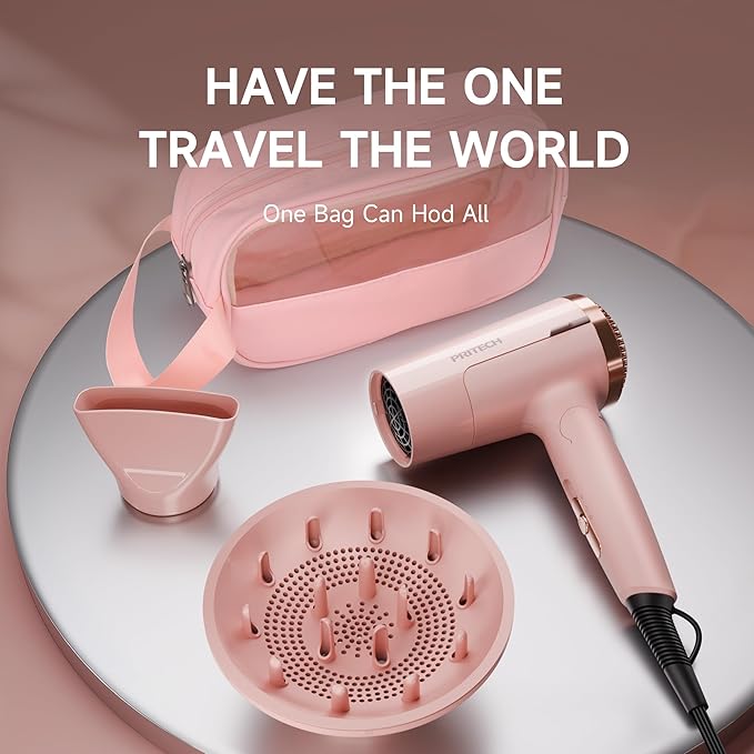 PRITECH 1250W Dual Voltage Travel Hair Dryer - Foldable Blow Dryer with Concentrator Diffuser,110V/220V Worldwide Use, Compact Lightweight Design, EU Plug Included