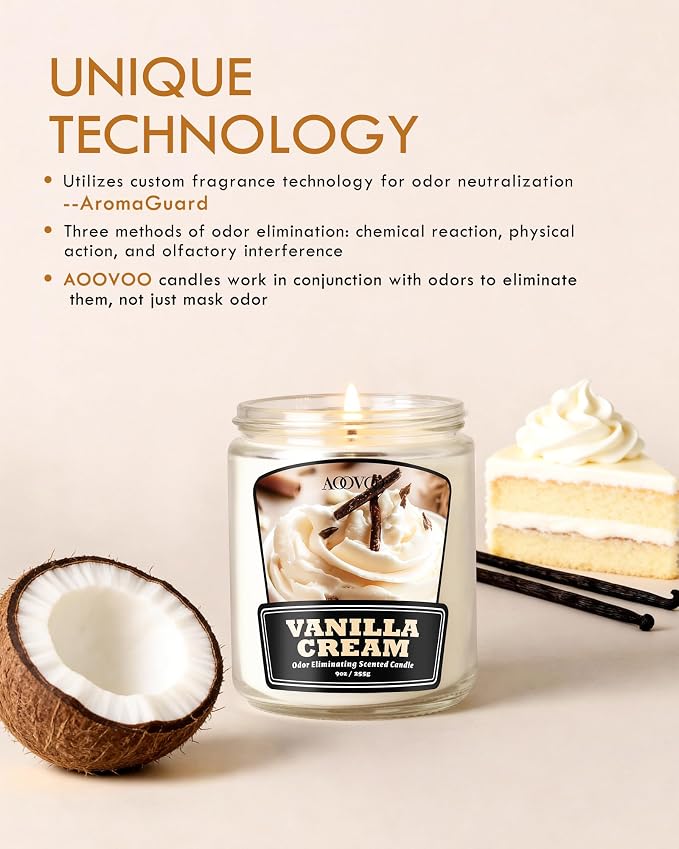 AOOVOO Vanilla Cream 2 Pack Odor Eliminating Candle - Up to 100 Hours Burn time, Eliminates 95% of Pet, Smoke, Food, and Other Smells Quickly, 18 oz Non Toxic Highly Fragranced Air Freshing Soy Candle