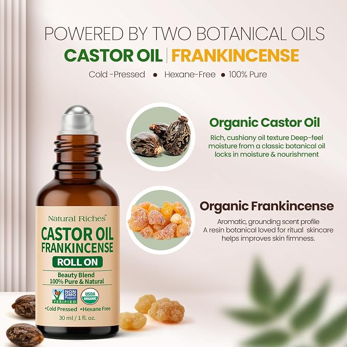 Natural Riches Organic Castor Oil and Frankincense Eye Roller 30 ml - Lightweight Roll On for Under Eye Puffiness, Face, Wrinkles, Fine Lines - Cold Pressed and Hexane Free.