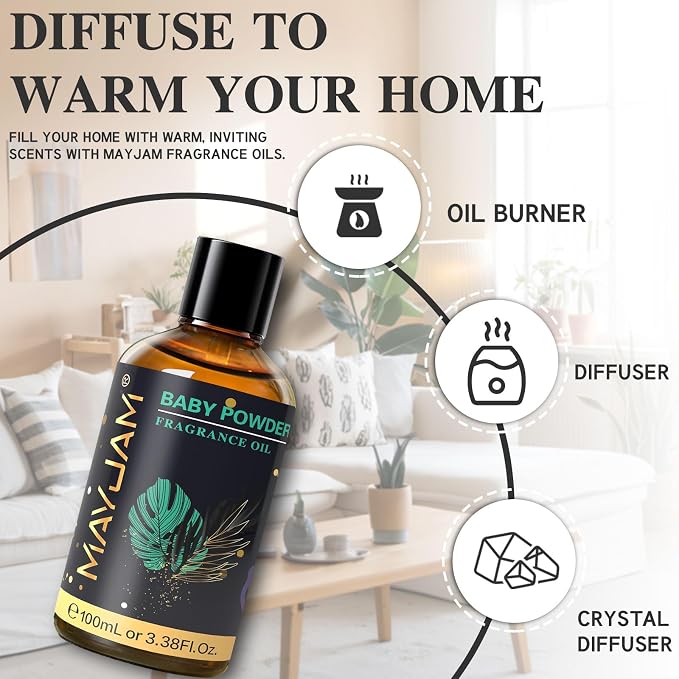 MAYJAM 100ML/3.38FL.OZ Baby Powder Fragrance Oils with Glass Dropper, Essential Oils for Diffusers, Long Lasting Scented Oils for Soap Candle Making