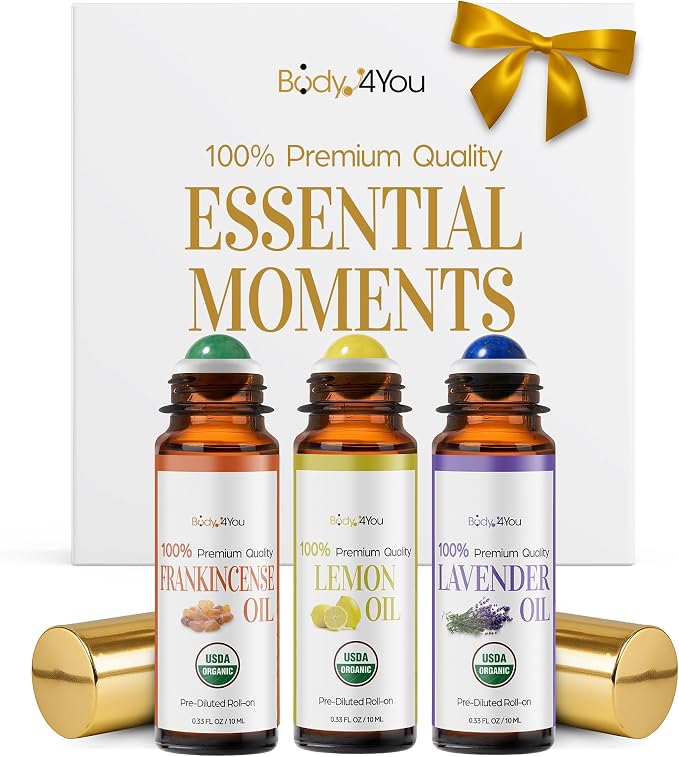 3PC Essential Oils Gift Set - Frankincense Lemon Lavender - Pure 100% USDA Organic - Skin Scalp Hairline Roots Nails Breathwork - Temple Chest Wrist - Natural Stone Roller Amber Glass Bottle Gift Box