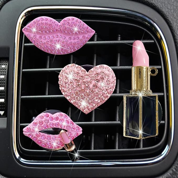 Pink Lips Air Vent Clips, 4 Pcs Sexy Lips Kiss Heart Shape Car Air Fresheners for Women Charms Rhinestone Diffuser Vent Clip Cute Car Decor Bling Car Accessories for Women