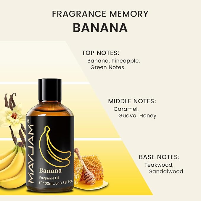 MAYJAM 100ML/3.38FL.OZ Banana Fragrance Oils with Glass Dropper, Essential Oils for Diffusers for Home, Long Lasting Scented Oils for Diffusers Soap Candle Making