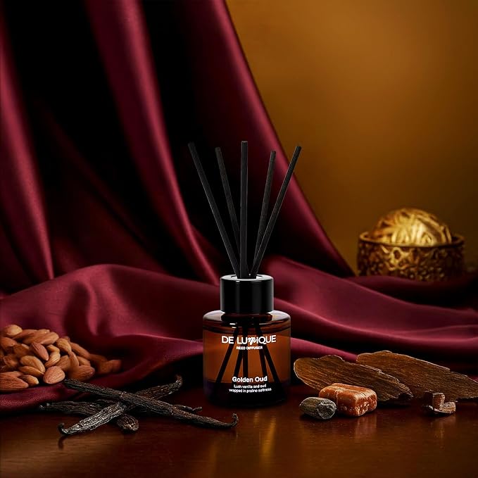 Golden Oud Scent Reed Diffuser – Room Scent Diffuser with Essential Oils – Home Fragrance Diffuser – Long-Lasting Aroma with Oud, Vanilla & Damask Rose Oil Diffuser – 50ml