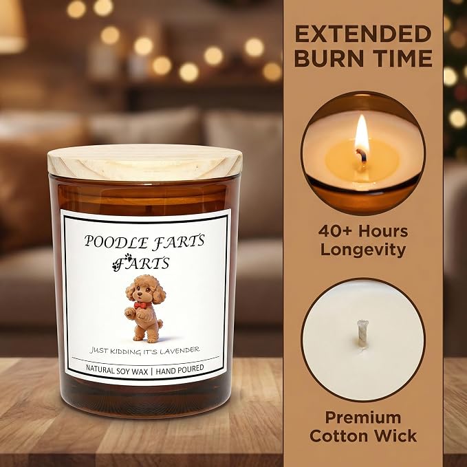 Poodle Gifts for Women | Birthday Gifts for Mom | Light When Dog Farts Candle | Cedar By Natural Soy Wax | Pet Safe Friendly Memorial Candles for Home Scented Household Essentials