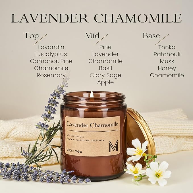 M&SENSE Lavender Chamomile Scented Small Candle, 7.5Oz Aromatherapy Candle for Home Fragrance, Soy Wax Candles Gift for Birthday, Housewarming, Amber Jar Candle for Stress Relief, Meditation, Yoga