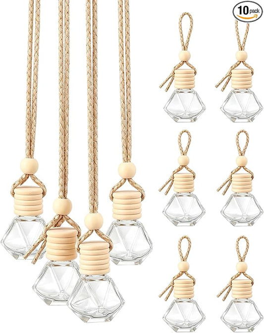 10 Pcs 8ml/0.27oz Hanging Car Air Freshener Bottles, Empty Clear Glass Diffuser Vials with Natural Wood Cap & Adjustable Rope, Refillable Car Perfume Pendant for Aromatherapy Fragrance Home Office