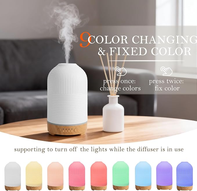 Essential Oil Diffuser 200ml Ceramic Aromatherapy Difusor with 9 Color,Auto Shut-Off Protection&Time Setting,Ultrasonic Oil Diffusers for Home,Bedroom,Office