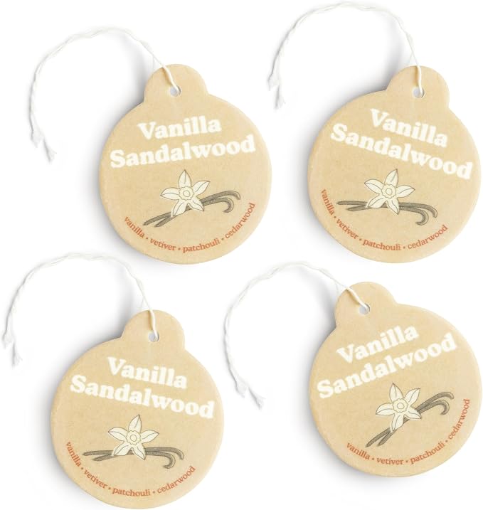 Happy Wax Vanilla Sandalwood Car Charms 4-Pack - Scent Notes: Vanilla, Vetiver, Patchouli and Cedarwood