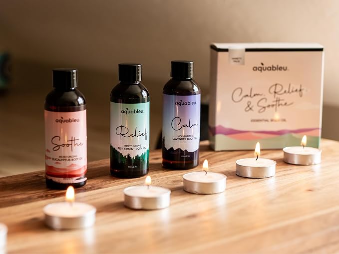 Essential Message Oil Gift Set – Serenity Trio Sooth, Calm, Relief Includes Lavender, Peppermint & Eucalyptus Massage Oil Blends 80 ML in Beautiful Packaging – Great Gift for Women