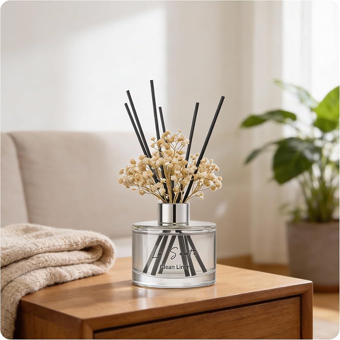 Reed Diffuser Set (6.7fl oz), Natural Clean Linen Essential Oil Fragrance with Glass Bottle, Black Rattan Sticks & Preserved Flowers, Up to 120 Days Lasting Fragrance for Home & Office