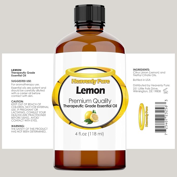 Heavenly Pure Lemon Essential Oil 4 oz with Dropper for Aromatherapy, Diffuser, Candle, and Mosquitoes (118 ml)