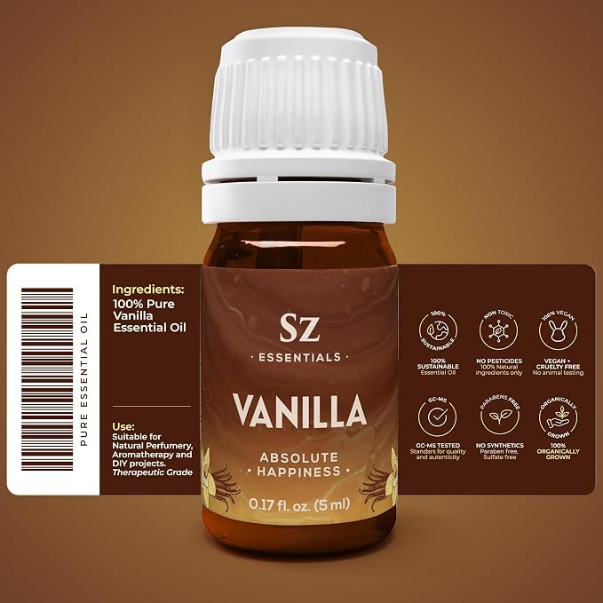 Sz Essential - Vanilla 100% Pure, Essential Undiluted Oil - Extracted from Fresh Vanilla - Rich & Exotic Taste with Sweet Overtones - Therapeutic Grade & Vegan - 0.17oz (5ml)