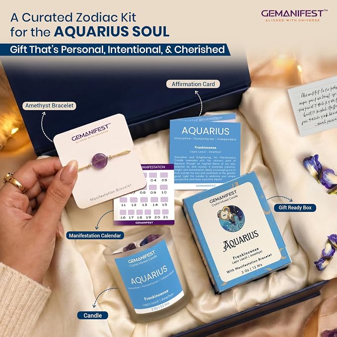 Aquarius Zodiac Candle with Amethyst Bracelet Frankincense Scented Soy Candle Birthday Spiritual Astrology Birthstone Gifts for Women Men for Manifestation and Healing