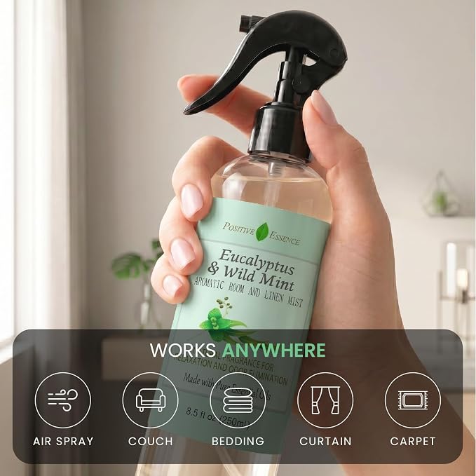 Eucalyptus & Wild Mint Room and Linen Spray, Natural Aromatic Mist Made with Pure Eucalyptus & Wild Mint Essential Oils, Refreshing Air Freshener Odor Eliminator Positive Essence (8.5 fl oz)