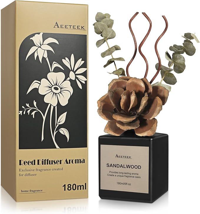 Reed Diffuser Set, Sandalwood & Cedarwood Scented Oil with Dried Flowers, 6.09 Fl Oz(180ml) Long Lasting Air Freshener with Diffuser Sticks, Home Fragrance for Bathroom Decor