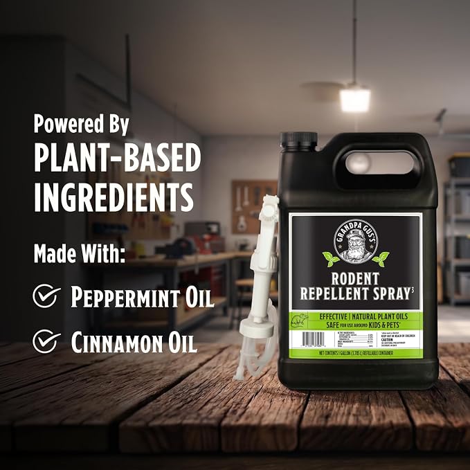 Grandpa Gus's Rodent Repellent Spray - Peppermint Oil and Cinnamon Oil Spray for Rodents & Mice - Plant-Based Mouse Deterrent for Cars, RVs, Garages & Indoor Spaces - Non-Staining Formula - 128 oz