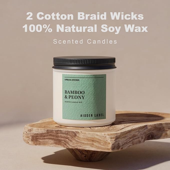 Hidden Label Bamboo & Peony Soy Candle, 12oz 2-Wick, 70H Burn | Japandi Décor Frosted Glass, Clean Aromatherapy for Focus & Calm, Stress Relief, Gift-Ready with FSC Packaging