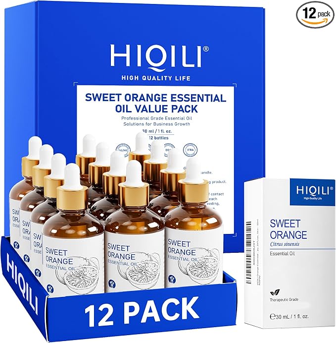 HIQILI Sweet Orange Essential Oil Set-1 fl oz (12 Pack) | Bulk Wholesale for Business, Air Freshening & Space Cleaning, DIY & Skin Care, for Hotel, DIY Studio, Gift & Household Stock